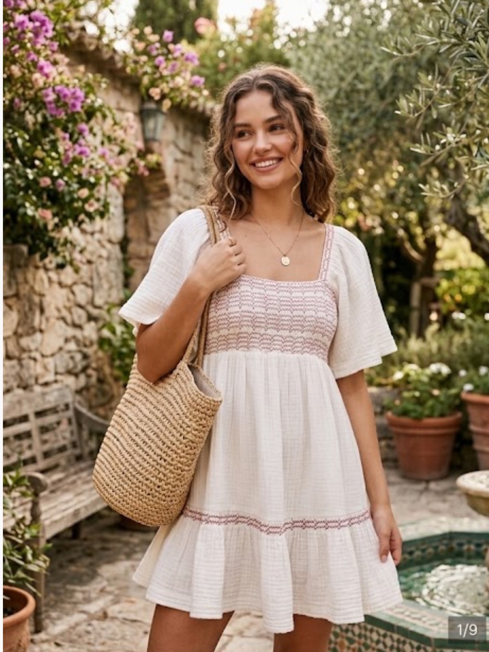 Free People White Cotton Dress with Pink Smocking